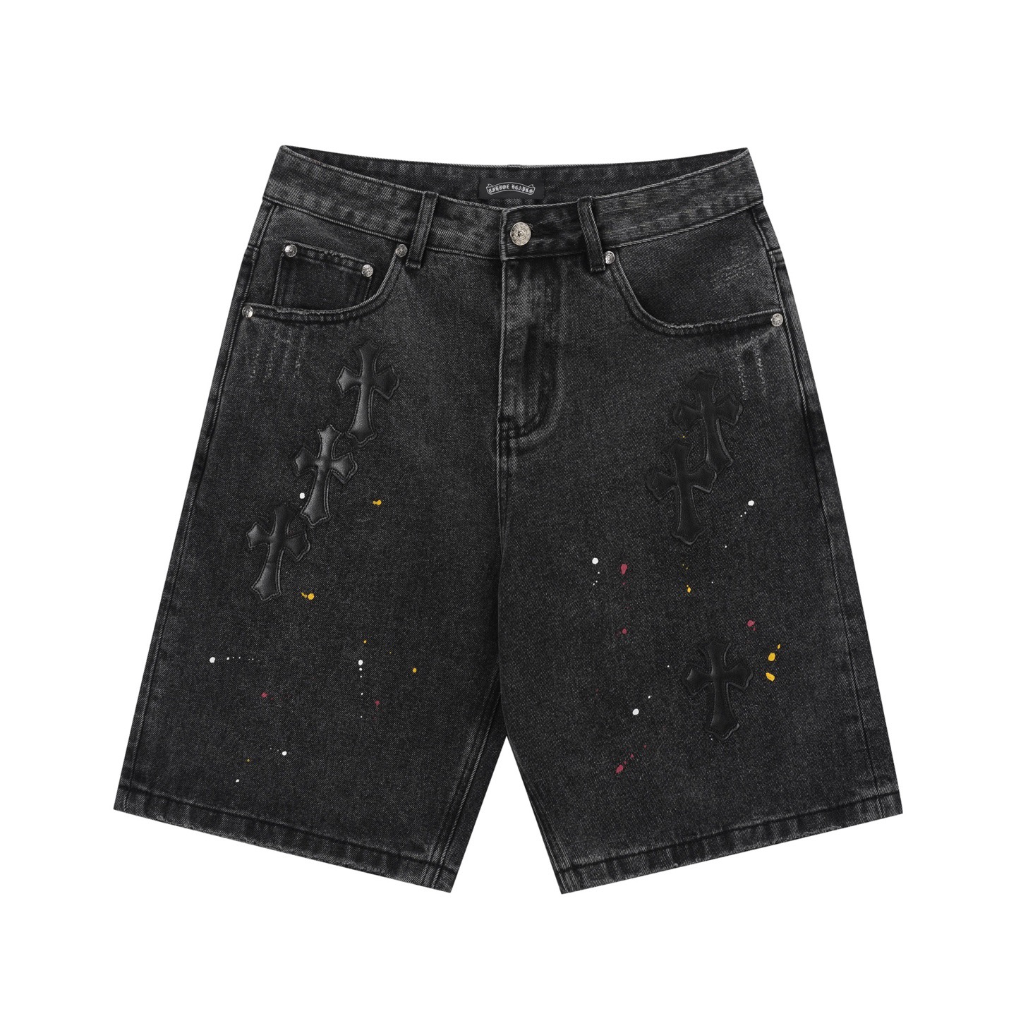 クロムハーツ アメカリウォッシュ レザーパッチ 刺繍 ダメージショートパンツ デニムブラック｜クロムハーツ公式アウトレット